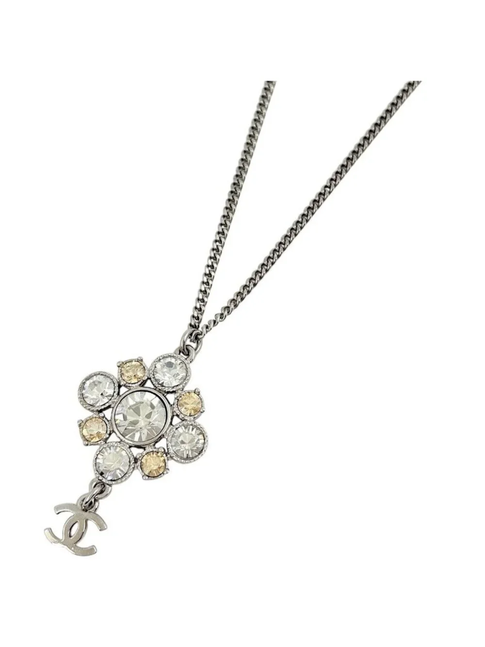 Chanel CC Logo Rhinestone Necklace Silver Plated